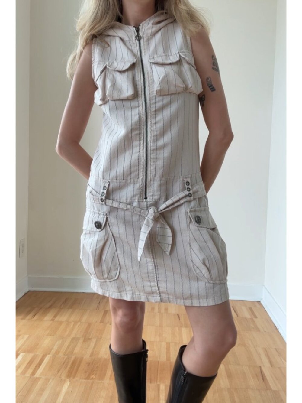 Vintage Y2k Cargo Hooded Zip Up Drop Waist Pocket Dress